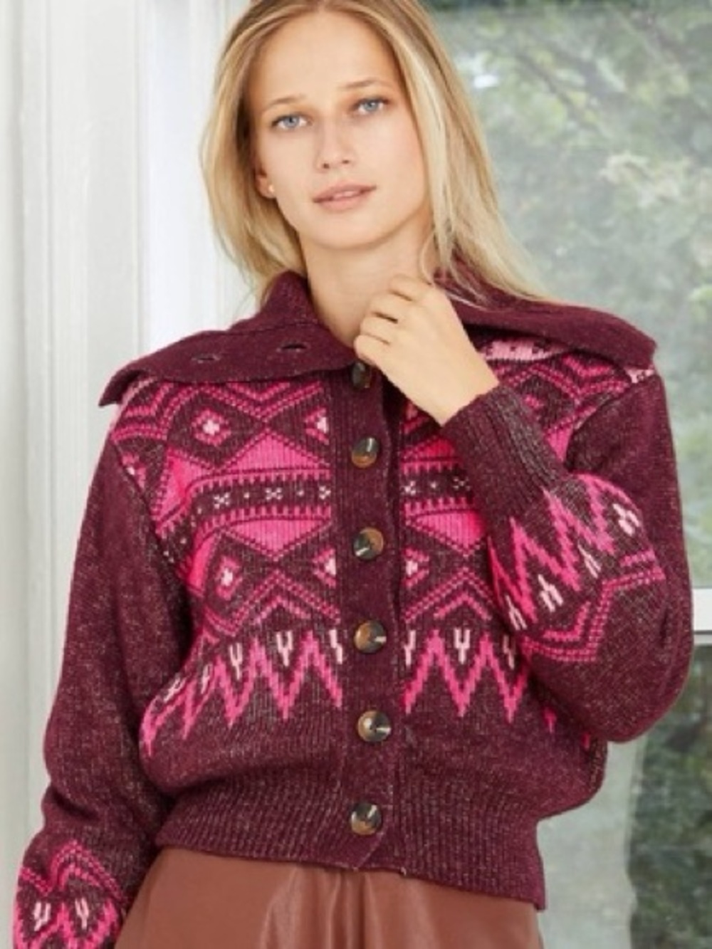 Who What Wear Brown & Pink Patterned Button-Up Cardigan